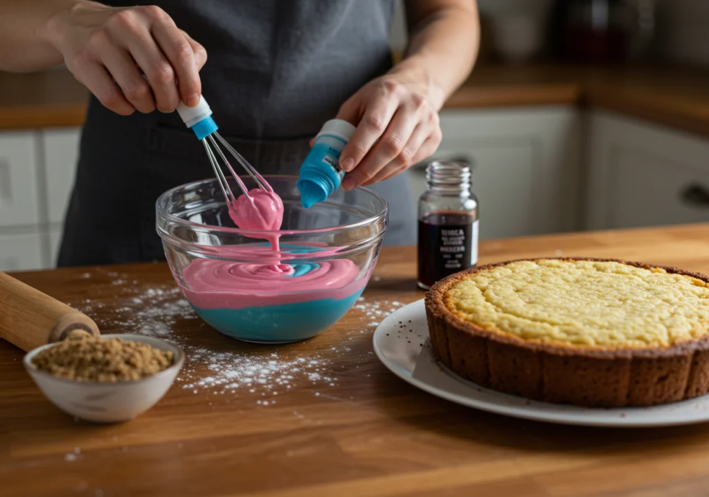 Mixing pink and blue cake batter