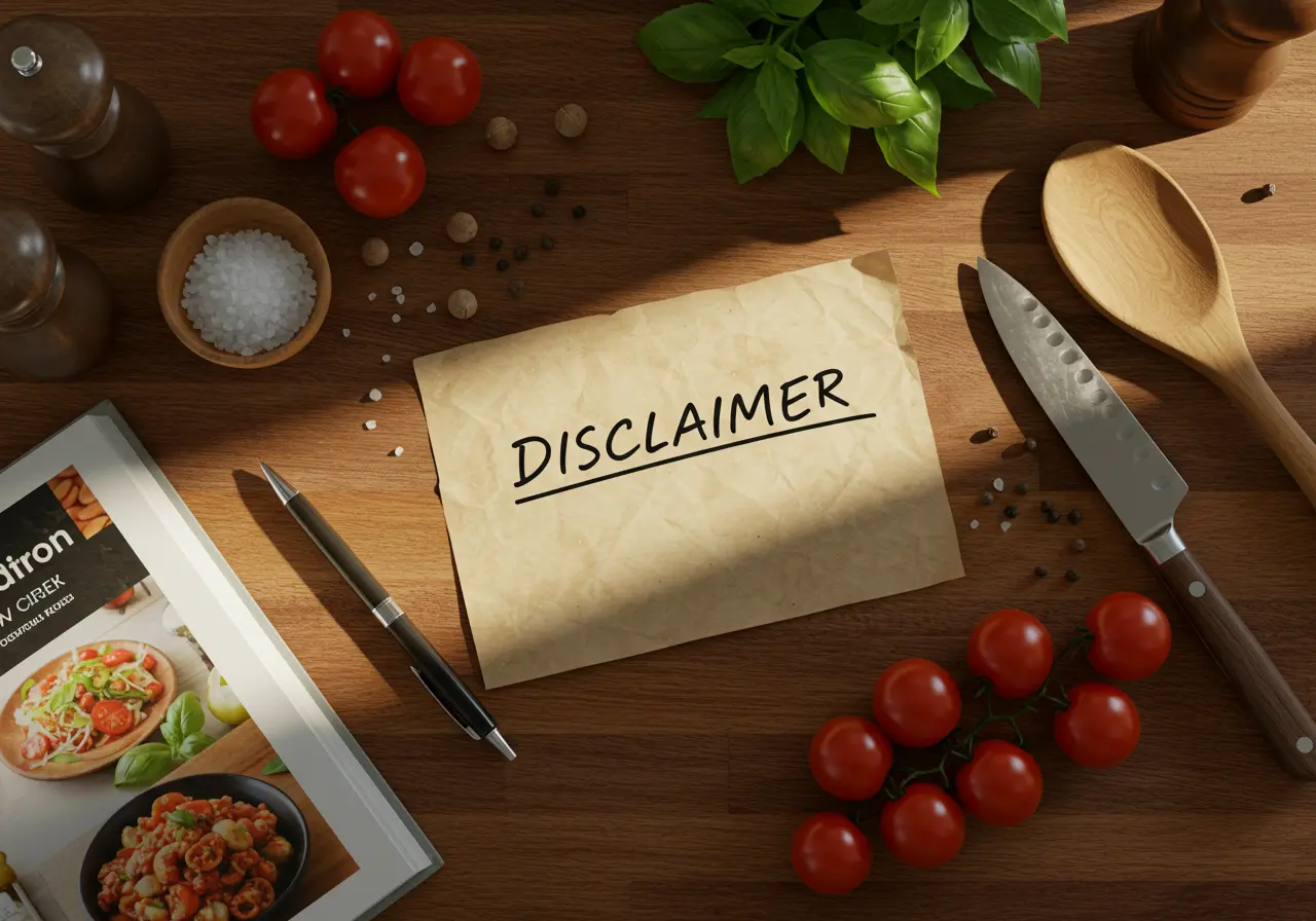 Flat-lay image of a wooden kitchen countertop with a disclaimer note, cookbook, pen, fresh ingredients, and kitchen utensils.