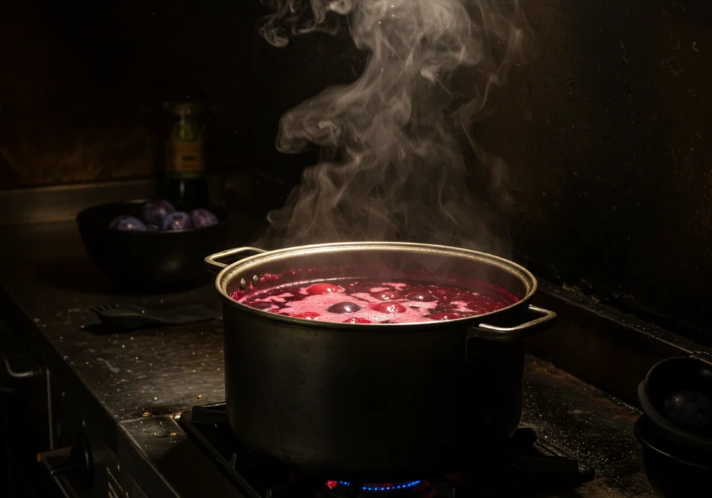 Simmering Plum Juice in a Pot	